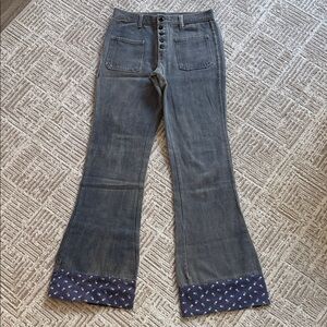 Vintage 70s Handmade Bell Bottom Flare Floral Button Front Low Rise Jeans